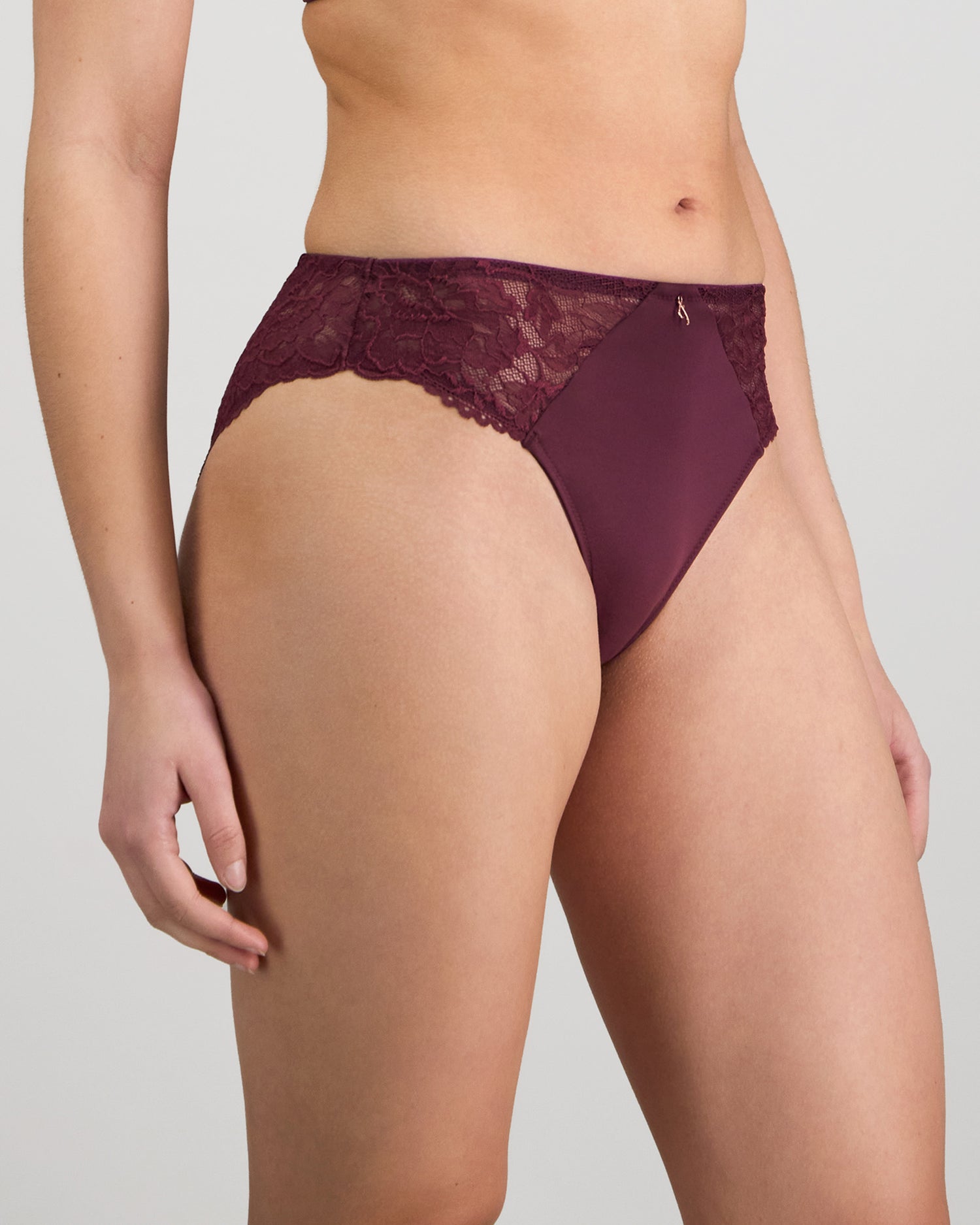 Model wears Laurel High Cut Brief in FIG. On body side view