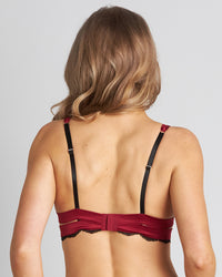 Model wears Tiara Underwire Bra in BIKING RED/BLACK. On body back view