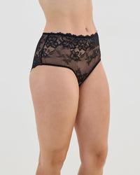 Model wears All Lacey Full Brief in BLACK. On body side view