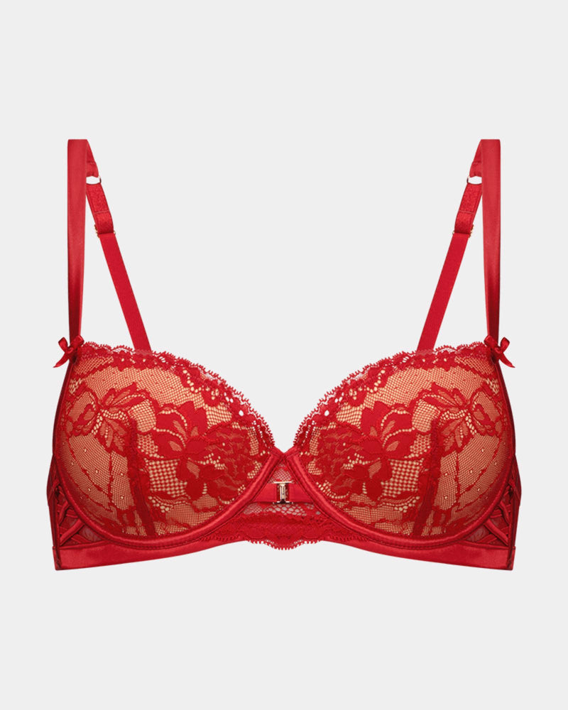 Lace Me Up Contour Bra in JESTER RED. Flat lay front view