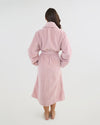 Model wears Cardrona Robe in PALE MAUVE. On body back view