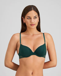 Model wears Stripe Elastic & Papertouch Push Up Bra in RAIN FOREST. On body front view