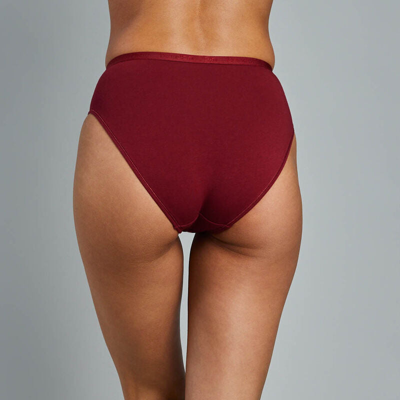 Model wears Body Cotton High Cut Brief in RHUBARB. On body back view