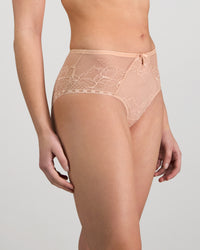 Model wears Golden Hour Full Brief in EVENING SAND. On body side view