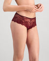 Model wears My Fit Lace Brazilian in WINDSOR WINE. On body side view