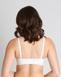 Model wears Comfit Collection Wire Free Bra in WHITE. On body back view