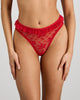 Model wears Tinsel Tease High Cut Brief in SALSA. On body front view