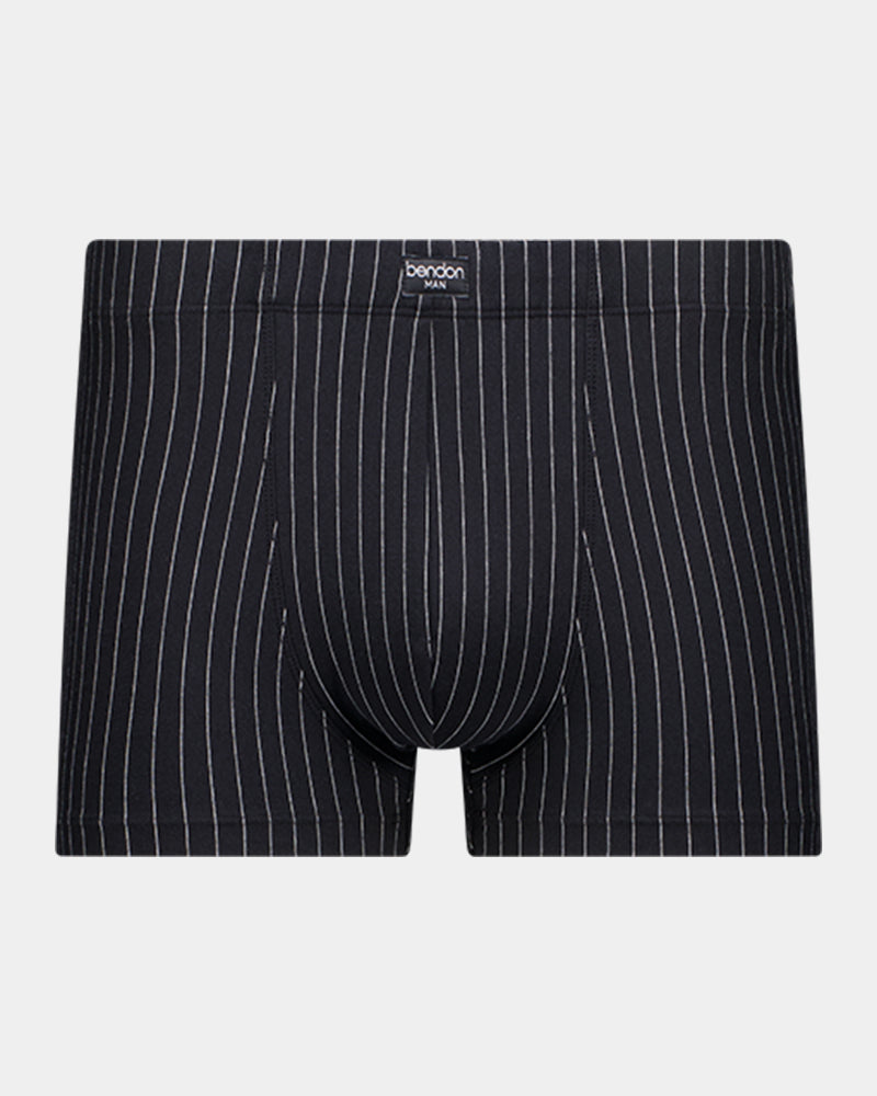 Cotton Stretch Mens Trunk in BLACK PINSTRIPE. Flat lay front view