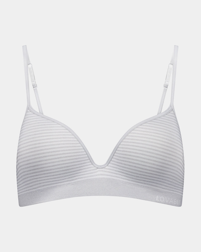Simply Seamless Contour Bra in GREY MARL/WHITE STRIPE. Flat lay front view
