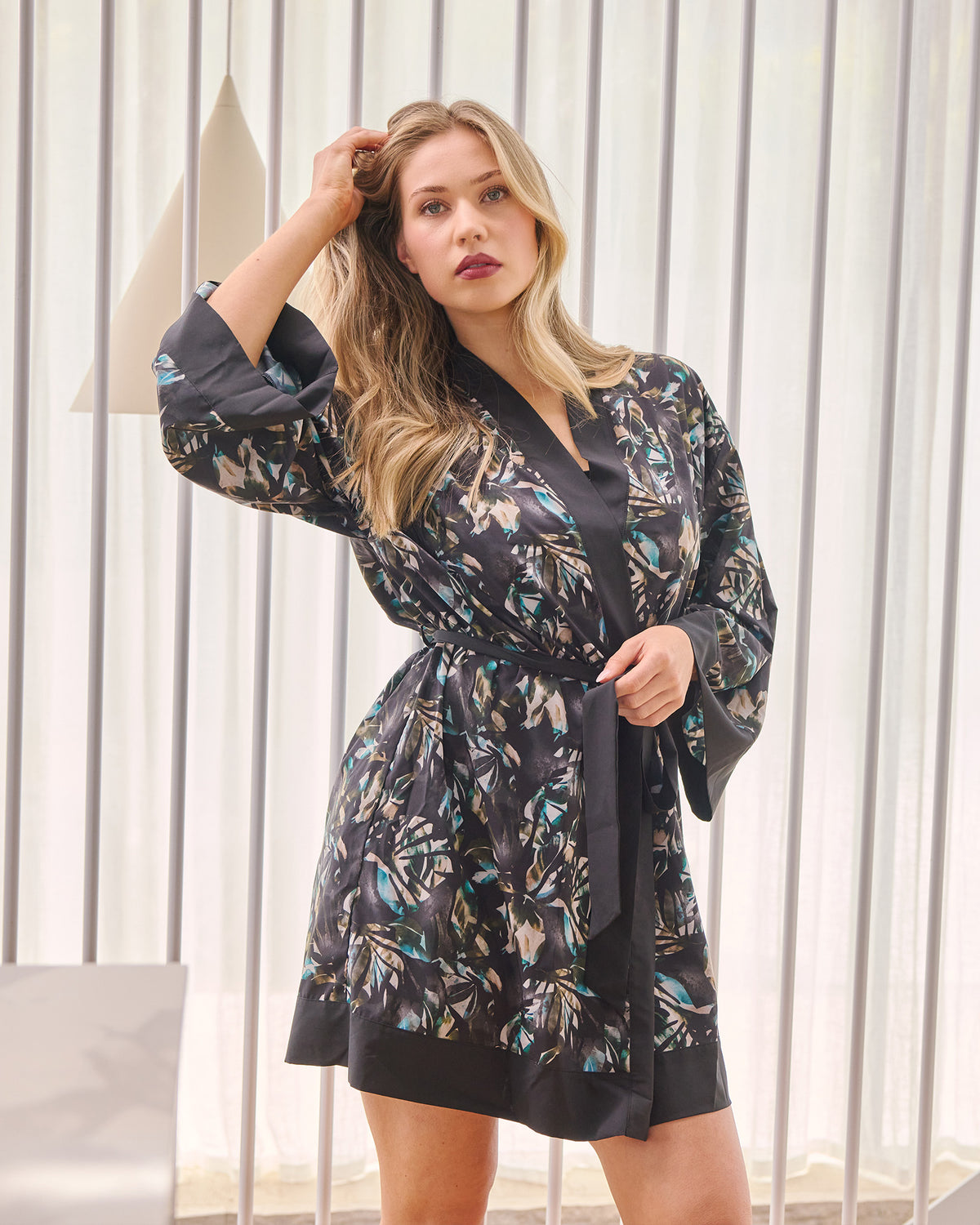 Lost Paradise Robe in BLACK PRINT. Feature shot