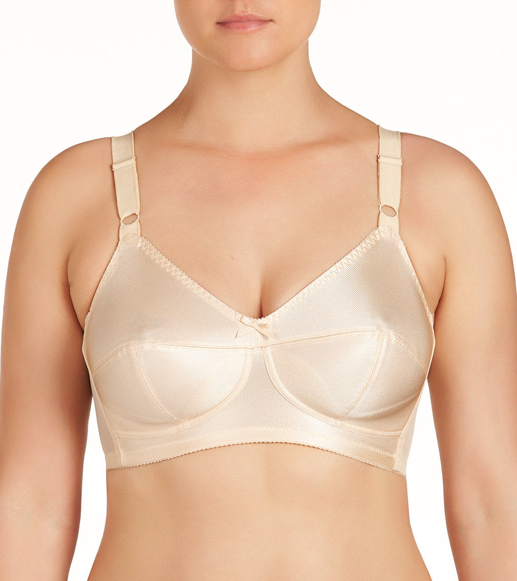 Model wears Rigid Soft Cup Wire Free Bra in HONEY BEIGE. On body front view