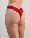 Model wears My Fit Lace Thong in JESTER RED. On body side view