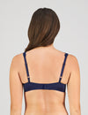 Model wears Damask Contour Bra in Medieval Blue. On body back view