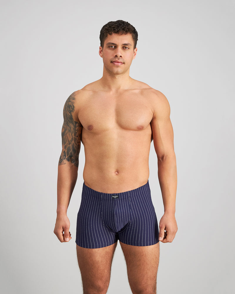 Cotton Stretch Mens Trunk in PEACOAT PINSTRIPE. Feature shot
