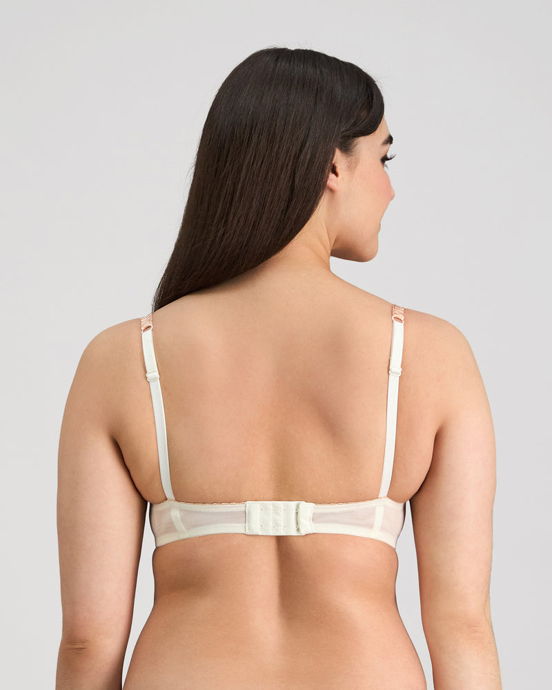 Model wears Sofia Contour Bra in CAMEO. On body back view