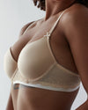 Model wears Geometric Lace Contour Bra in TOASTED ALMOND/PRISTINE. On body side view
