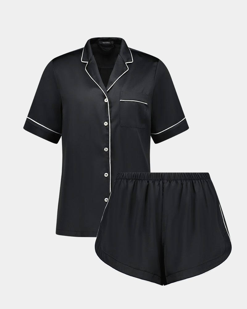 Holly Short PJ in BLACK/CREAM. Flat lay front view