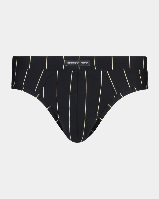 High Tech Cotton Mens Brief in BLACK STRIPE. Flat lay front view