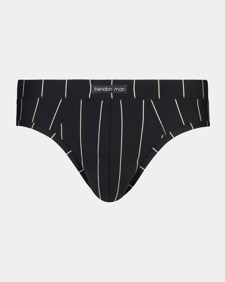 High Tech Cotton Mens Brief in BLACK STRIPE. Flat lay front view
