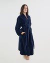 Model wears Cardrona Robe in NAVY BLAZER. On body side view