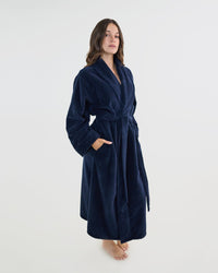 Model wears Cardrona Robe in NAVY BLAZER. On body side view