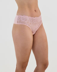Model wears Lacey Brazilian in SILVER PINK. On body side view