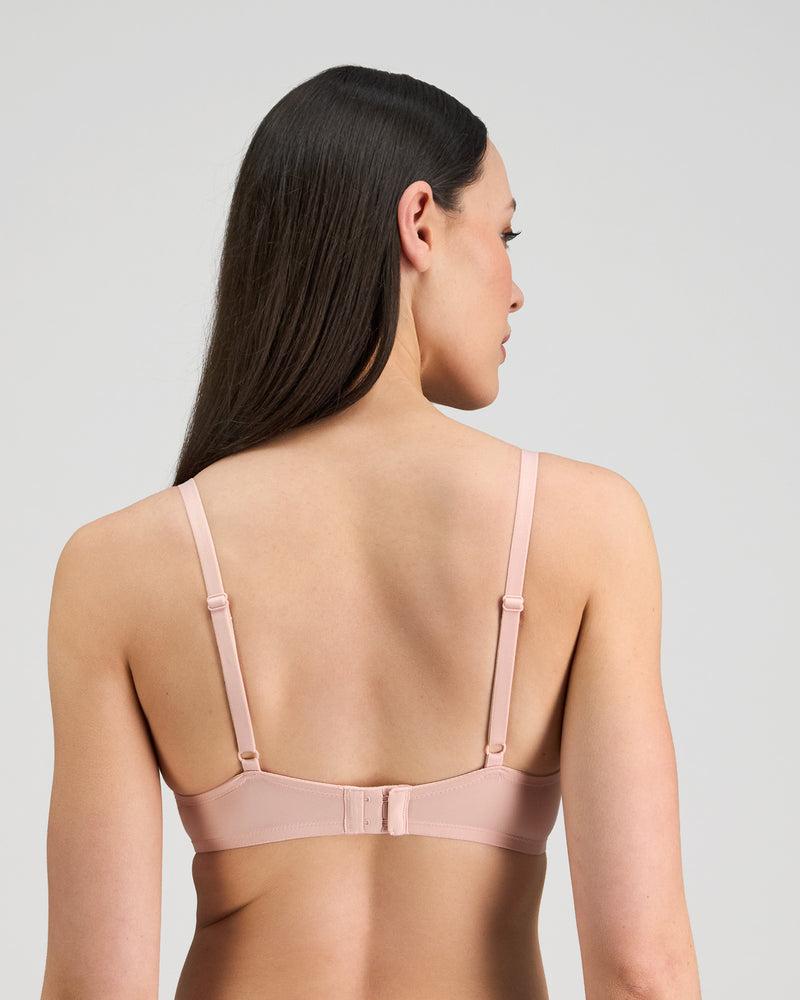 Model wears Aziza Contour Bra in SILVER PINK/BLACK. On body back view