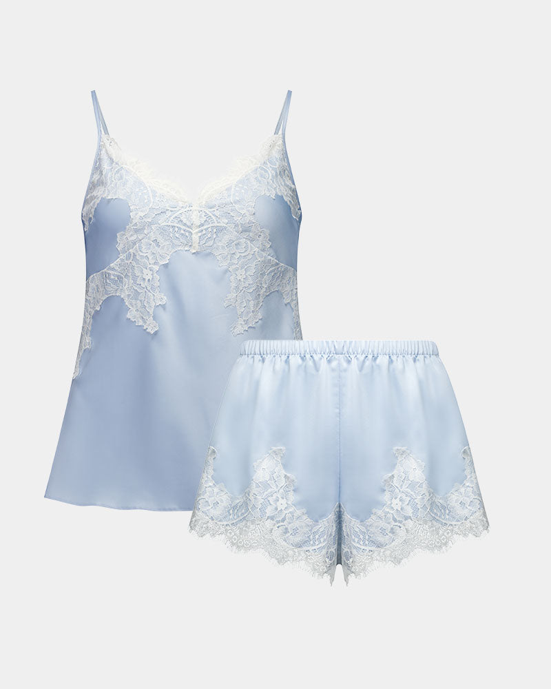 Sweet Indulgence Cami & Short Set in SKYWAY/WHITE. Flat lay front view