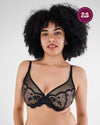 Model wears Romilly Underwire Bra in BLACK. On body front view