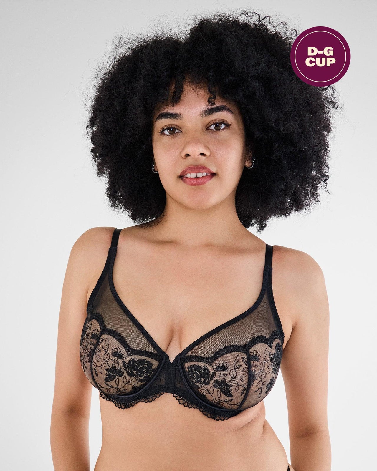 Model wears Romilly Underwire Bra in BLACK. On body front view