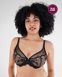 Model wears Romilly Underwire Bra in BLACK. On body front view