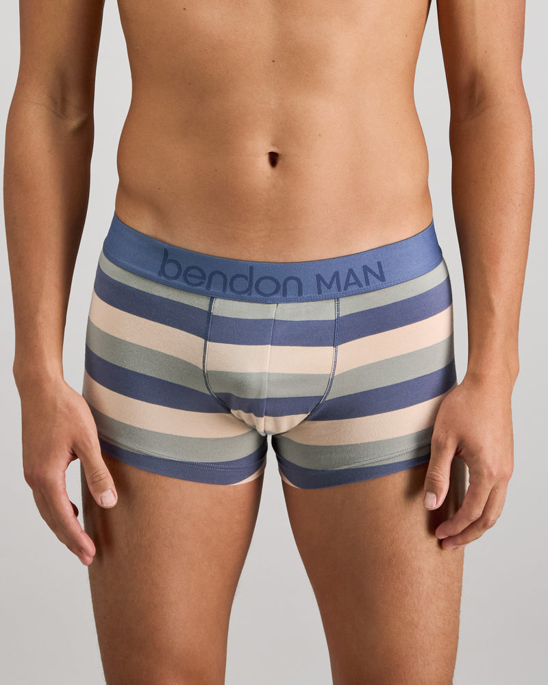 Model wears Rugby Stripe Mens Trunk in INDIGO/ICEBERG/SMOKE. On body front view