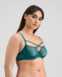 Model wears Lottie Underwire Bra in EVERGLADE. On body side view