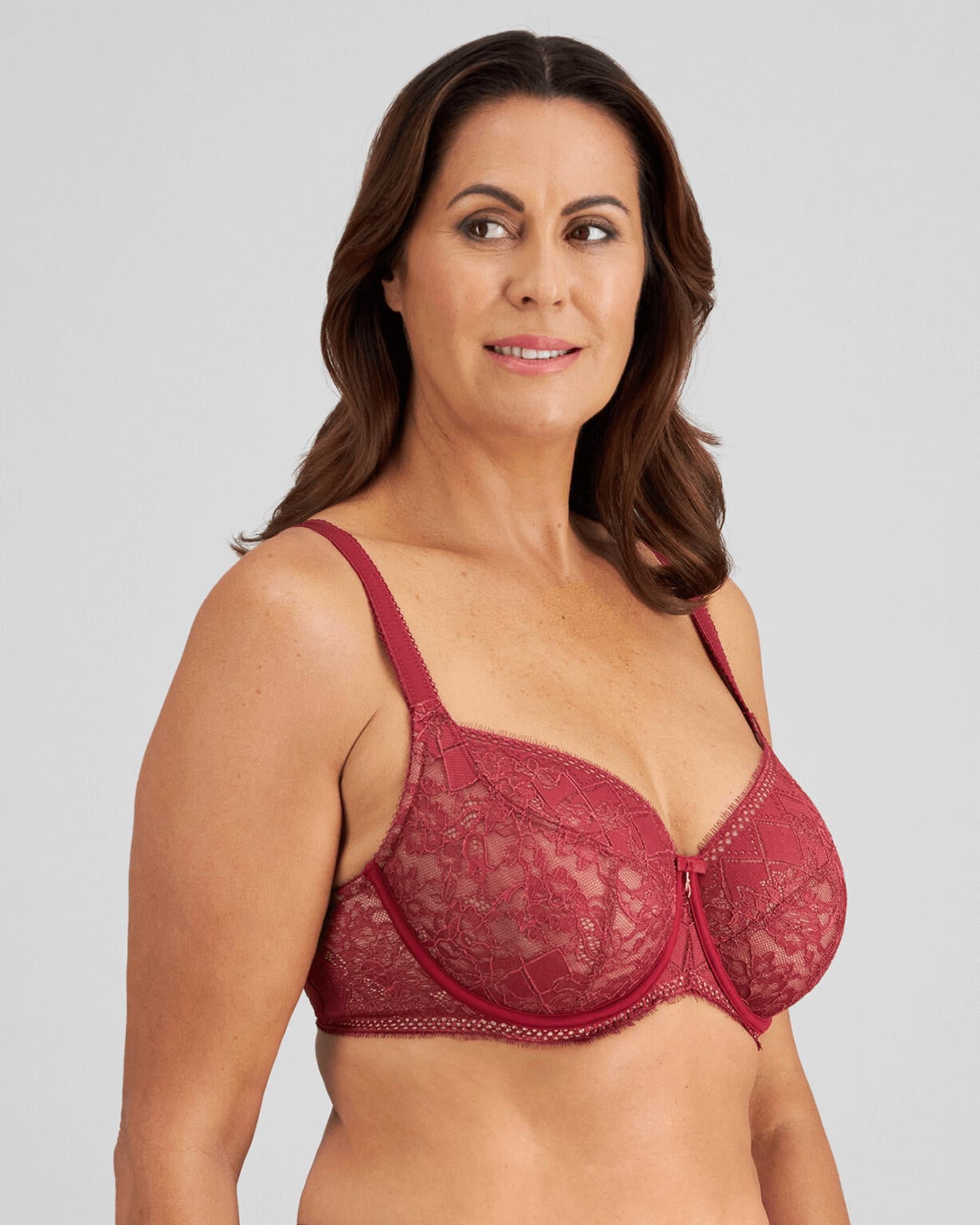 Model wears Daring Underwire Bra in TIBETAN RED. On body side view
