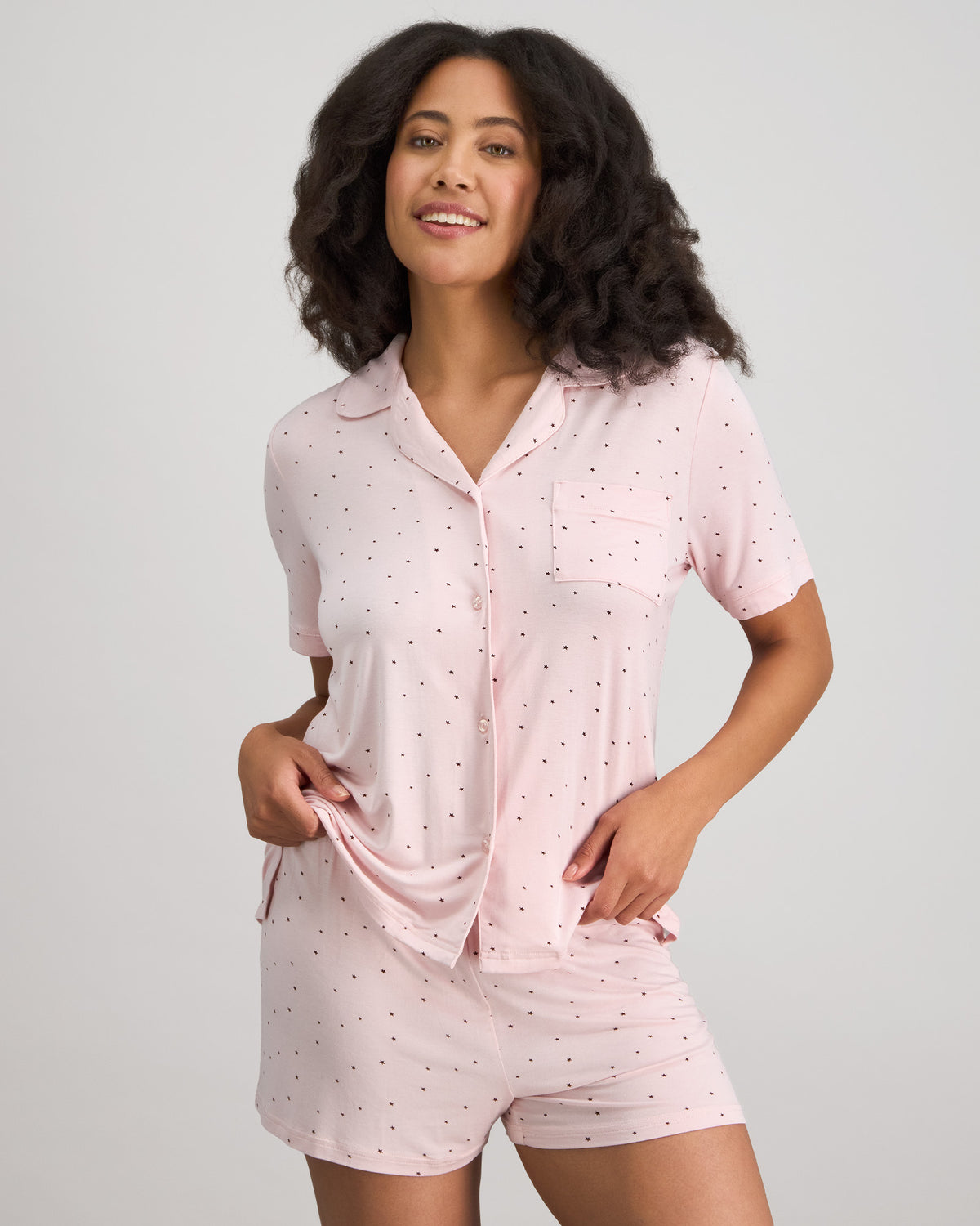Belle Bamboo Short Pj Set in PALE LILAC/FIG. Flat lay back view