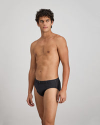 Cotton Stretch Mens Brief in BLACK PINSTRIPE. Flat lay back view