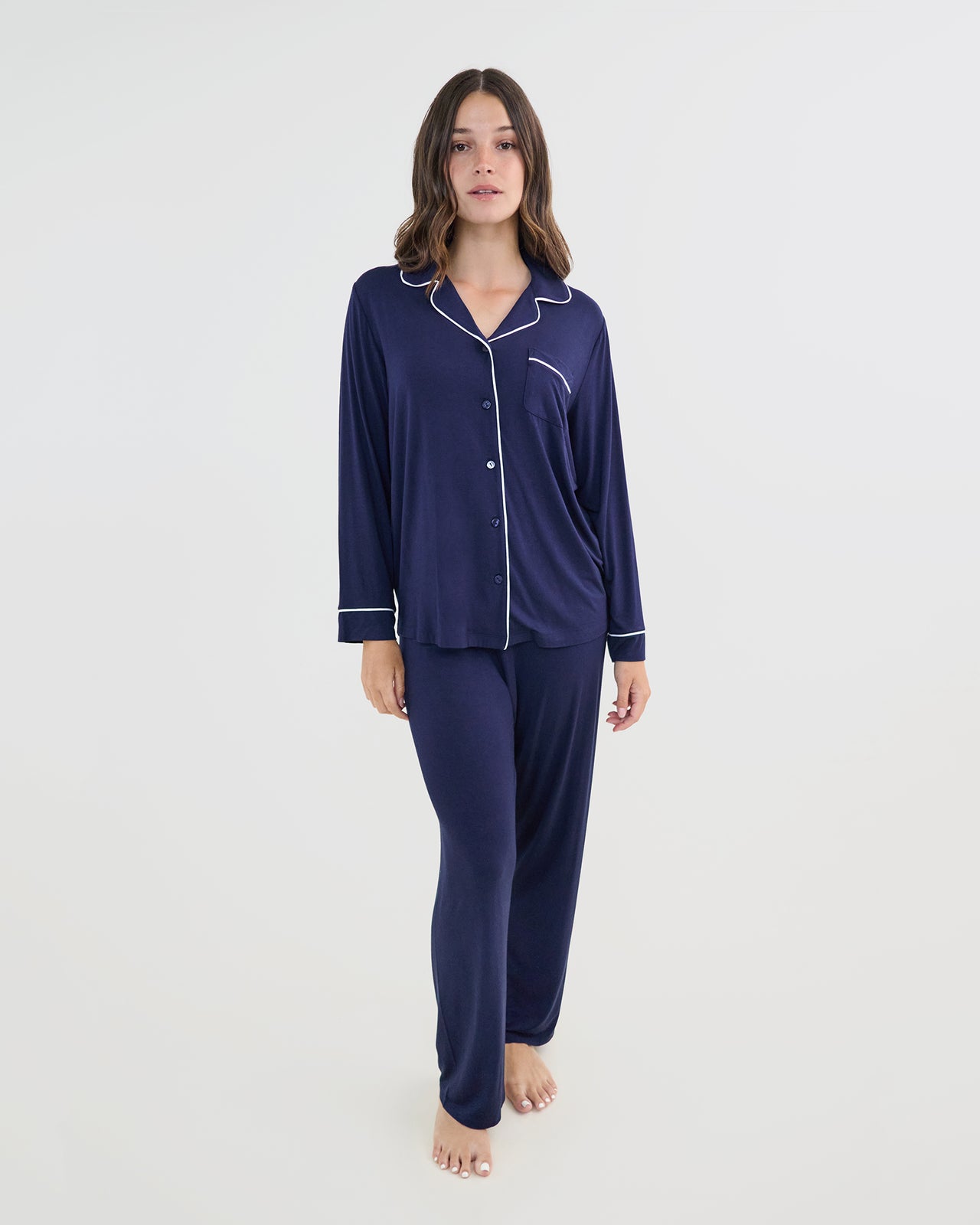 Bamboo Bliss Long Sleeve PJ Top in NAVY BLAZER. Flat lay back view