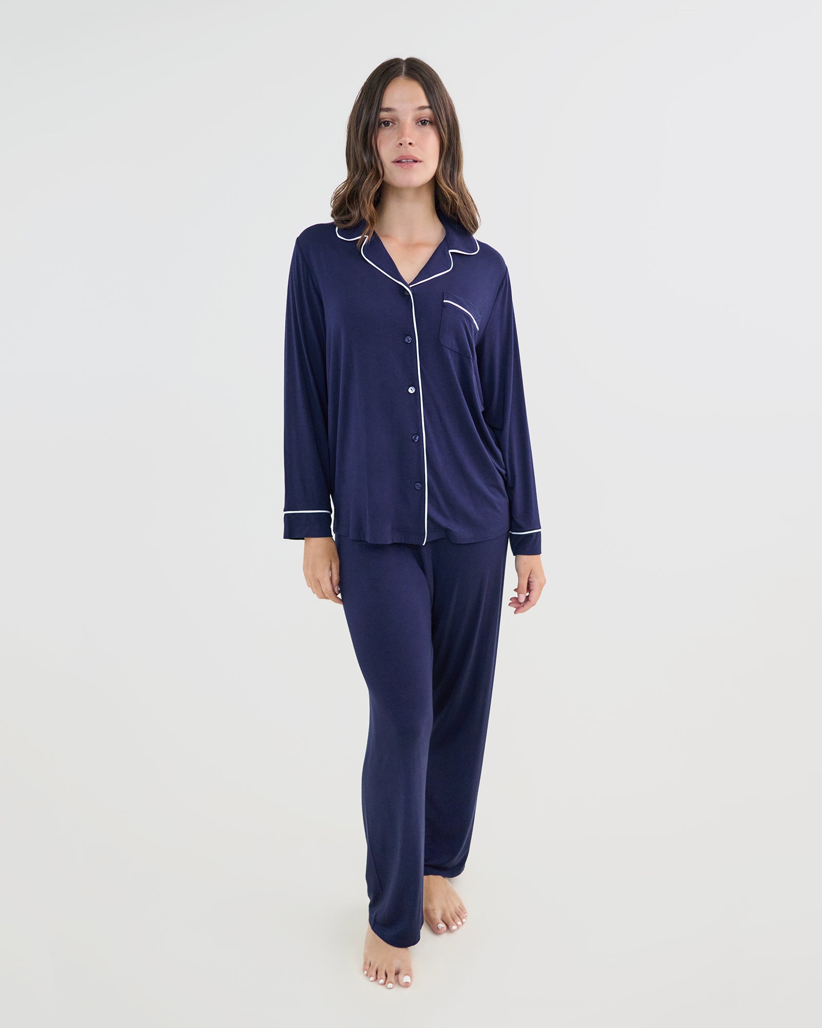 Bamboo Bliss Long Sleeve PJ Top in NAVY BLAZER. Flat lay back view