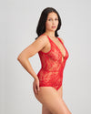 Model wears Giuliana Bodysuit in SALSA. On body side view