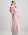 Model wears Marbella Robe in PINK MARL STRIPE. On body side view