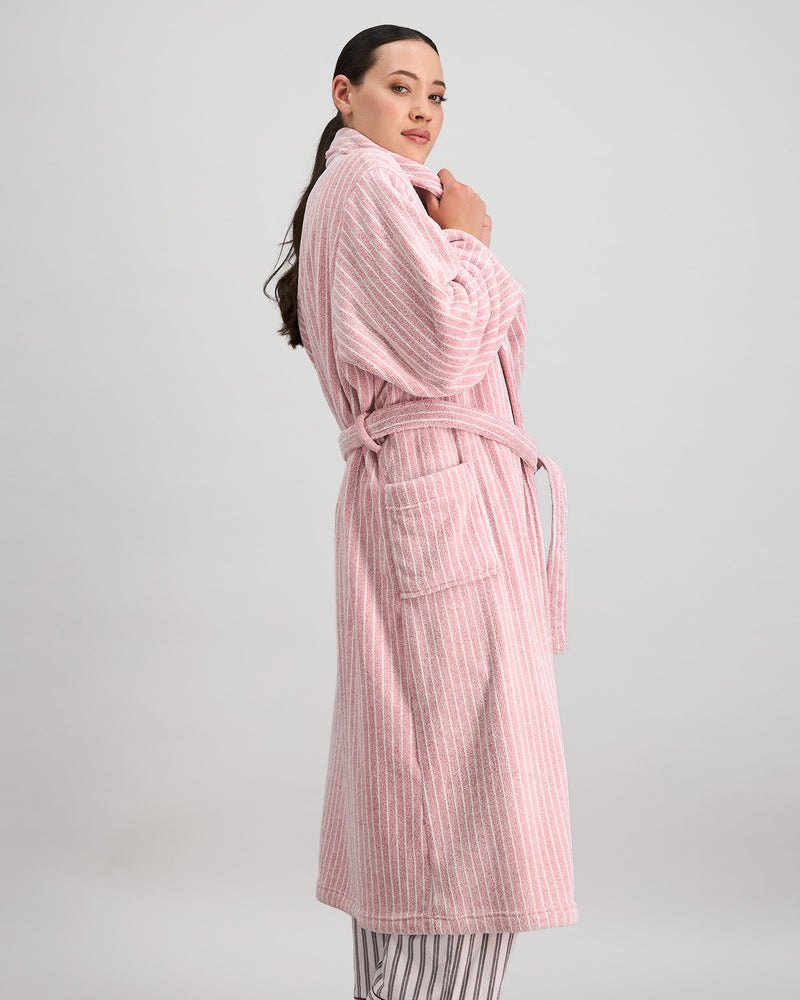 Model wears Marbella Robe in PINK MARL STRIPE. On body side view