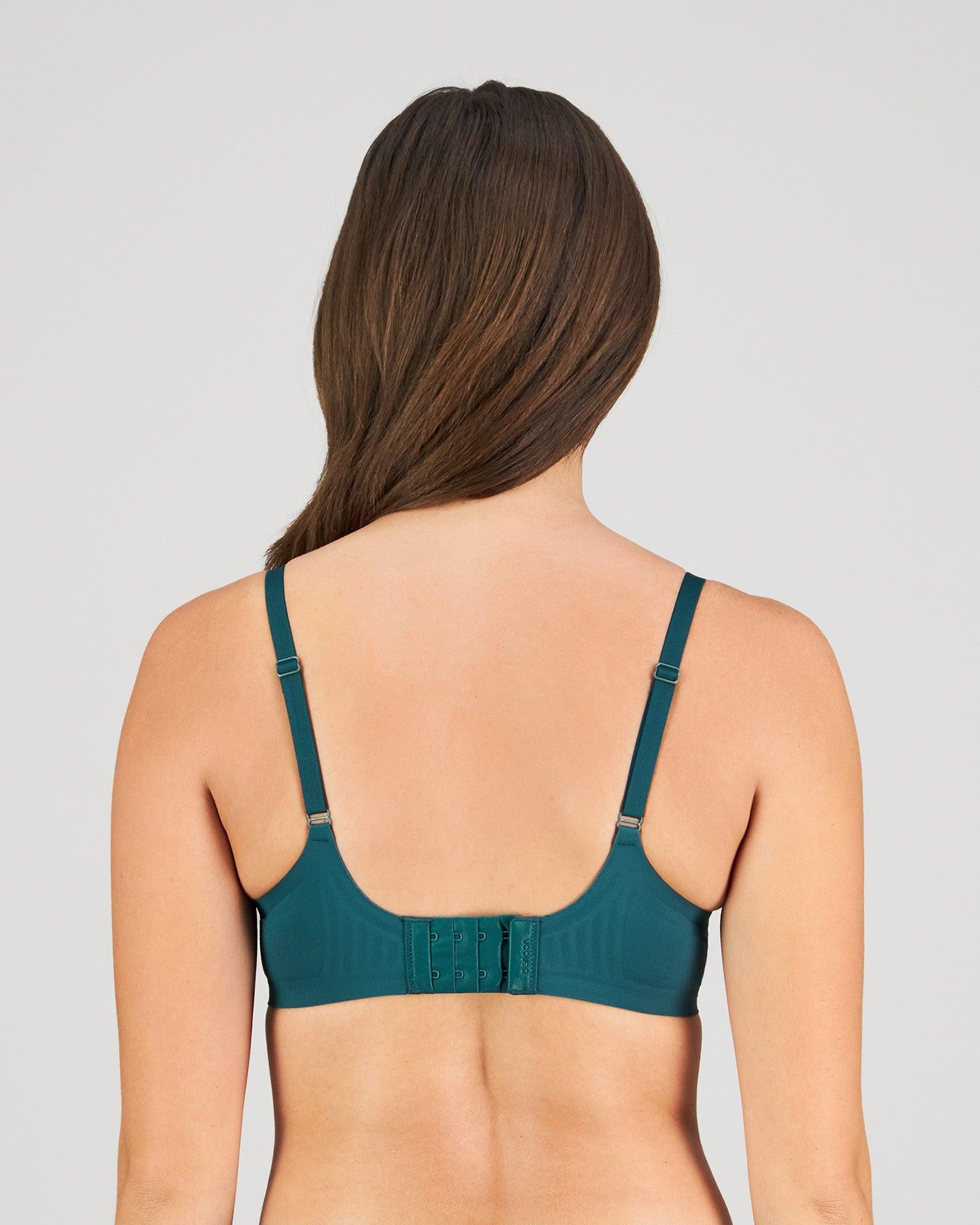 Model wears Comfit Collection Contour Bra in RAIN FOREST. On body back view