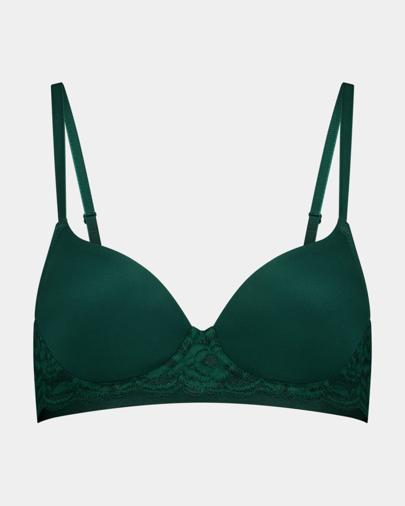Delightfully Smooth Contour Bra in RAIN FOREST. Flat lay front view