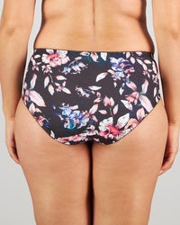 Model wears Wild Violet Full Brief in DARK FOLKLORE PRINT. On body back view