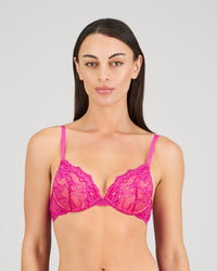 Model wears My Fit Lace Push Up Bra in FANTASY FUCHSIA. On body front view