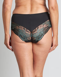 Model wears Eloquence Full Brief in BLACK/DEEP LAKE. On body back view