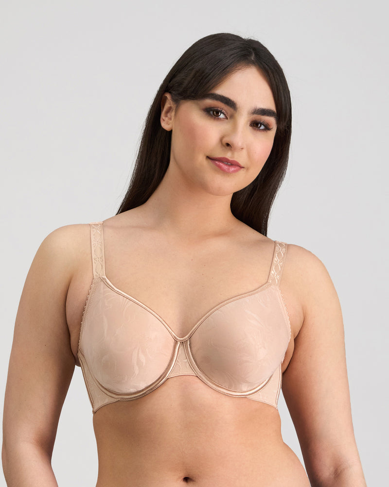 Model wears Profile Perfect Contour Bra in LATTE. On body front view