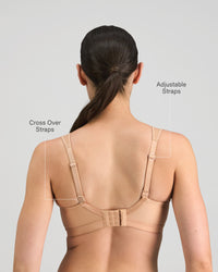 Model wears Stamina Wire Free Bra in LATTE. On body back view