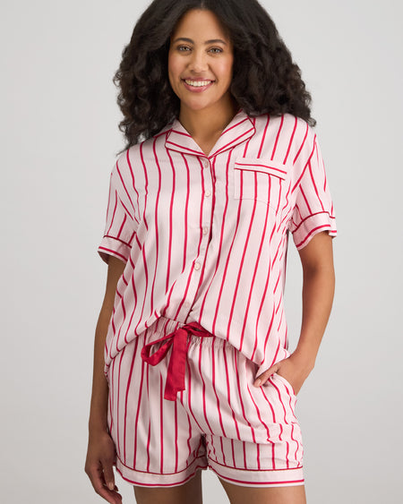 Model wears Cabana Stripe Short Pj Set in CANDY CANE. On body front view