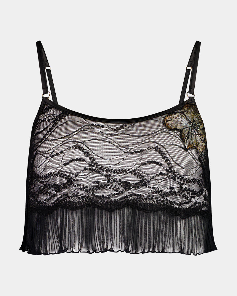 Oasis Glow Camisole in BLACK. Flat lay front view